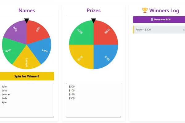 Screenshot of the raffle wheel plugin automatically selecting a winner and prize, with the winners log and download button visible.