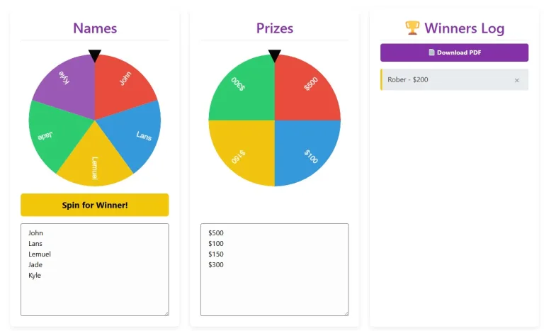 Screenshot of the raffle wheel plugin automatically selecting a winner and prize, with the winners log and download button visible.